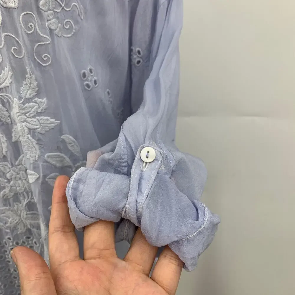Johnny Was Shirt Womens XS Extra Small Rayon Periwinkle Tab Sleeve Embroidered